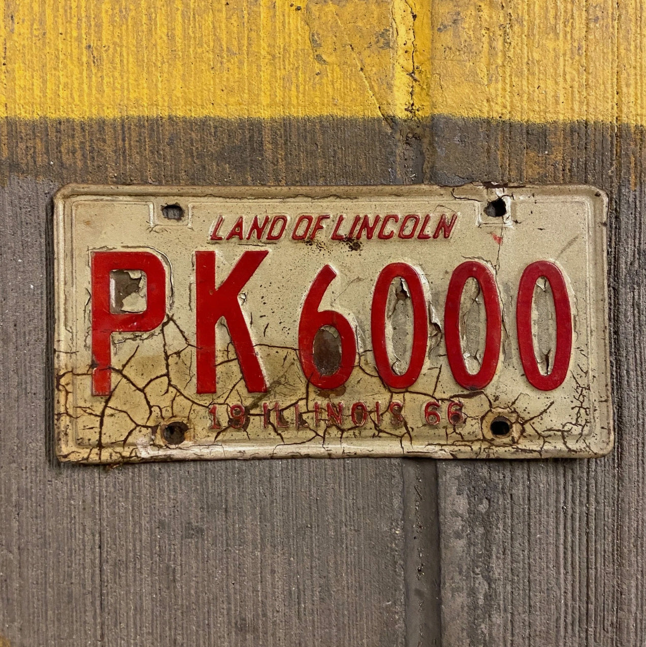 Photo of a 1966 Illinois License Plate Auto Tag Garage Decor Vintage Nice Number PK 6000 with original patina