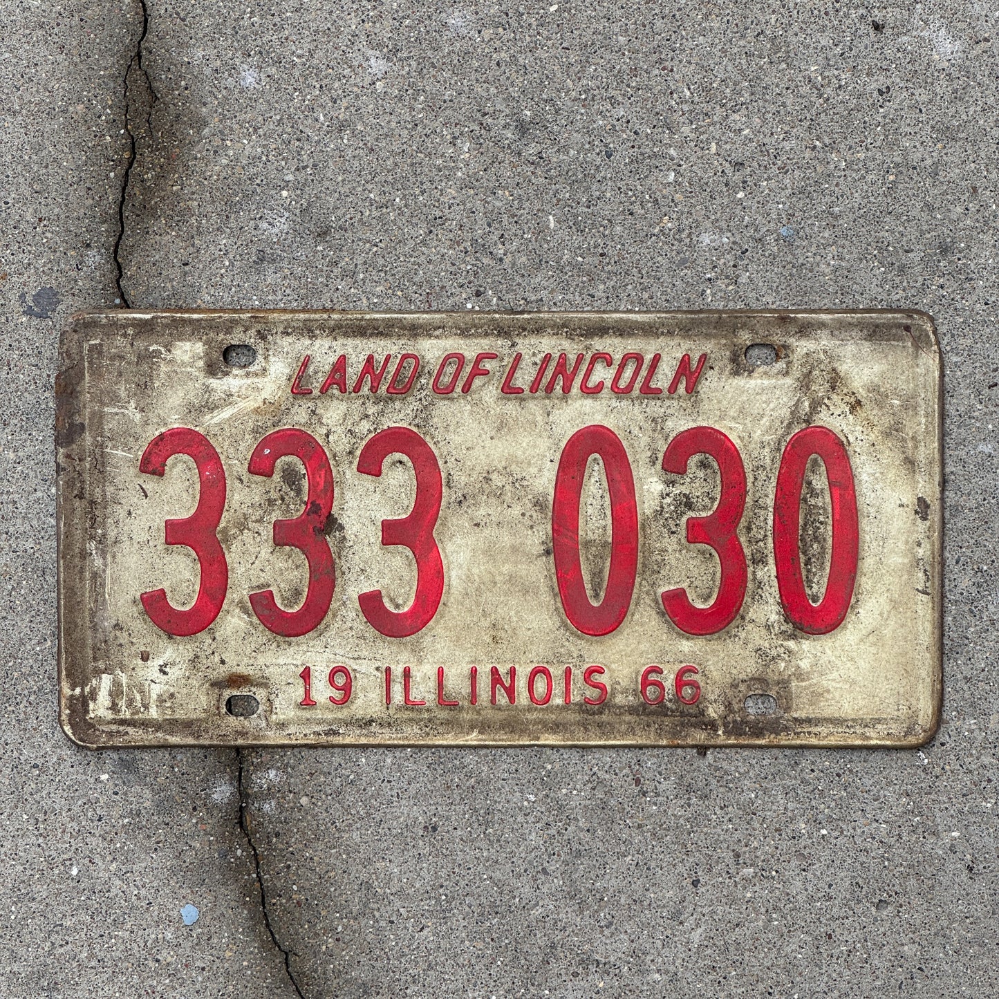 Photo of a 1966 Illinois License Plate Auto Tag Garage Decor Vintage Repeat Repeating 333 030 with original patina