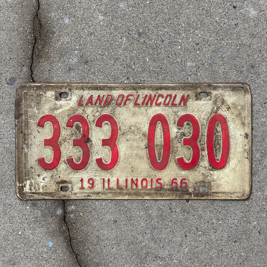 Photo of a 1966 Illinois License Plate Auto Tag Garage Decor Vintage Repeat Repeating 333 030 with original patina