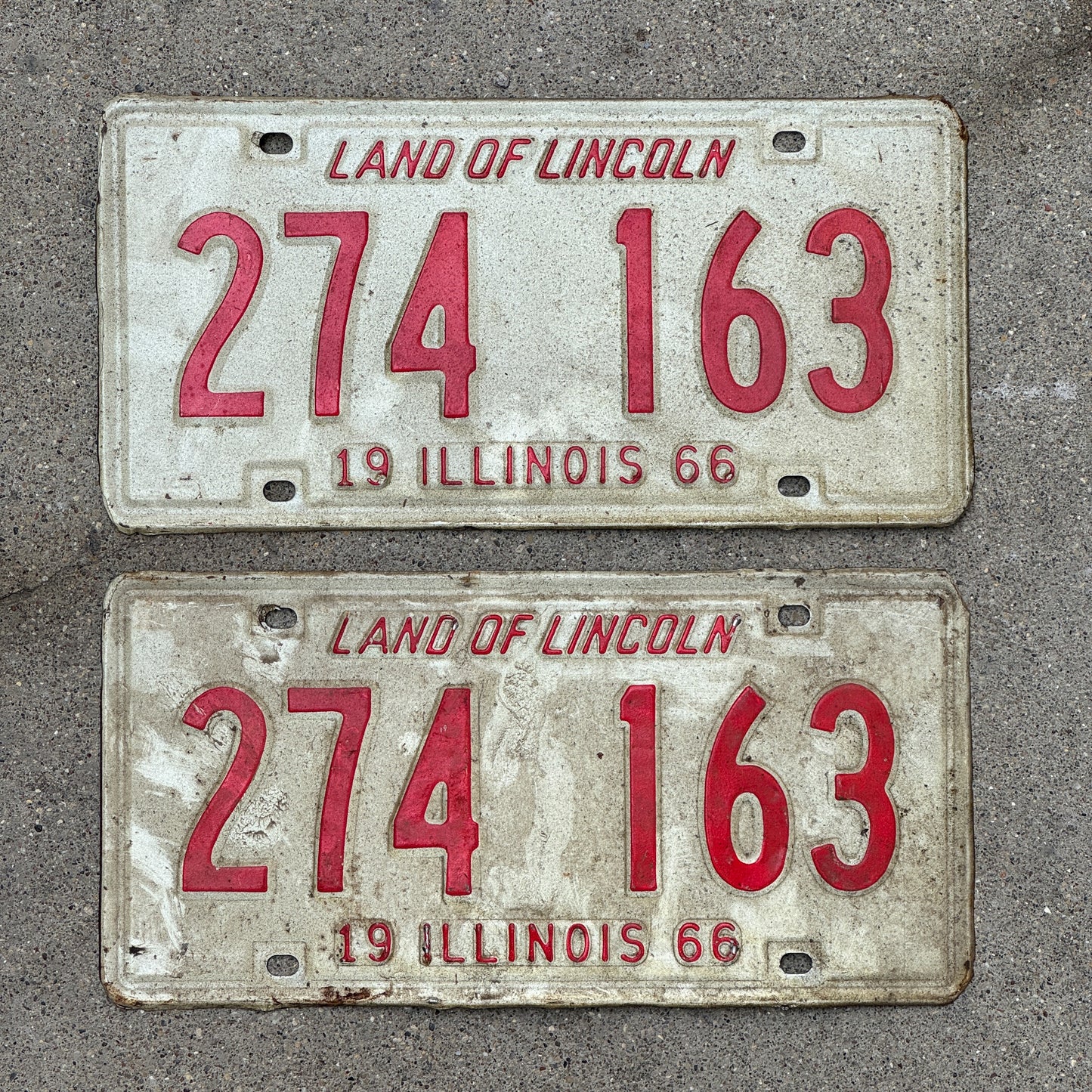 Photo of a 1966 Illinois License Plate Pair Auto Tag Garage Decor Vintage 274 163 with original patina