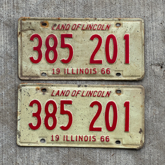 Photo of a 1966 Illinois License Plate Pair Auto Tag Garage Decor Vintage 385 201 with original patina