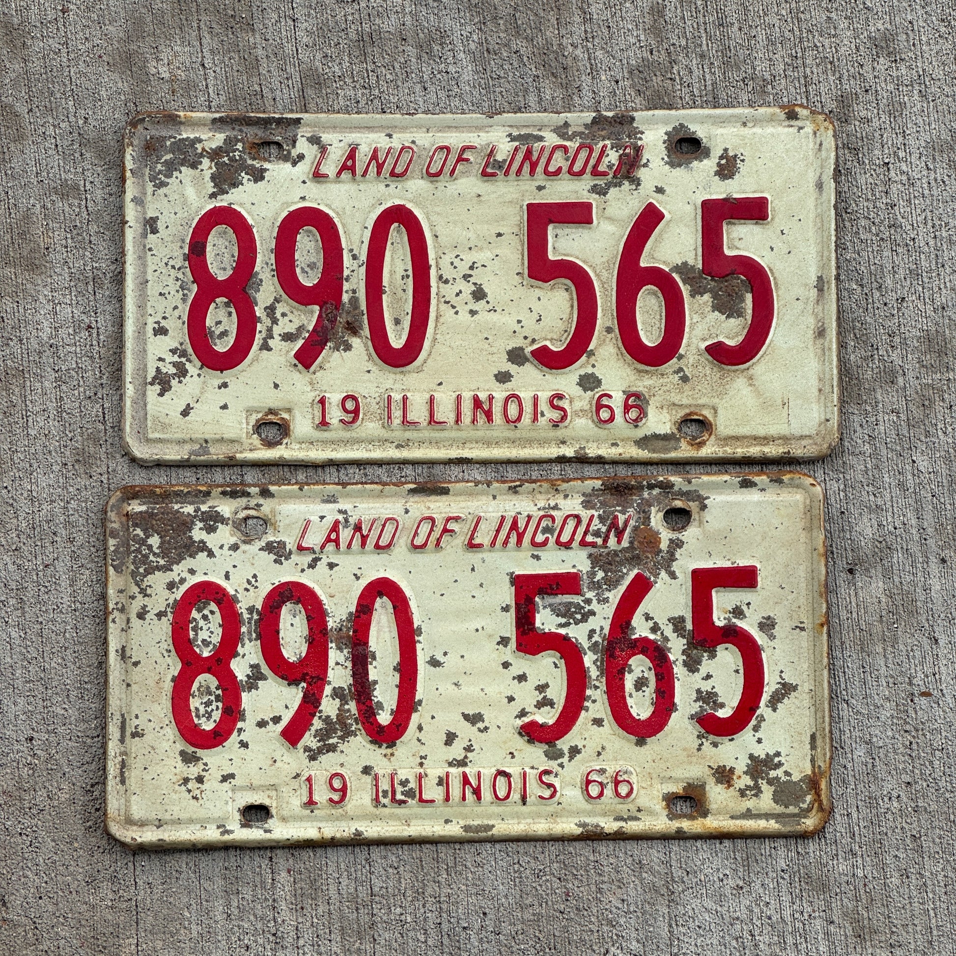 Photo of a 1966 Illinois License Plate Pair Auto Tag Garage Decor Vintage 890 565 with original patina