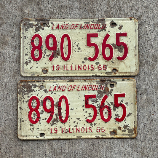 Photo of a 1966 Illinois License Plate Pair Auto Tag Garage Decor Vintage 890 565 with original patina