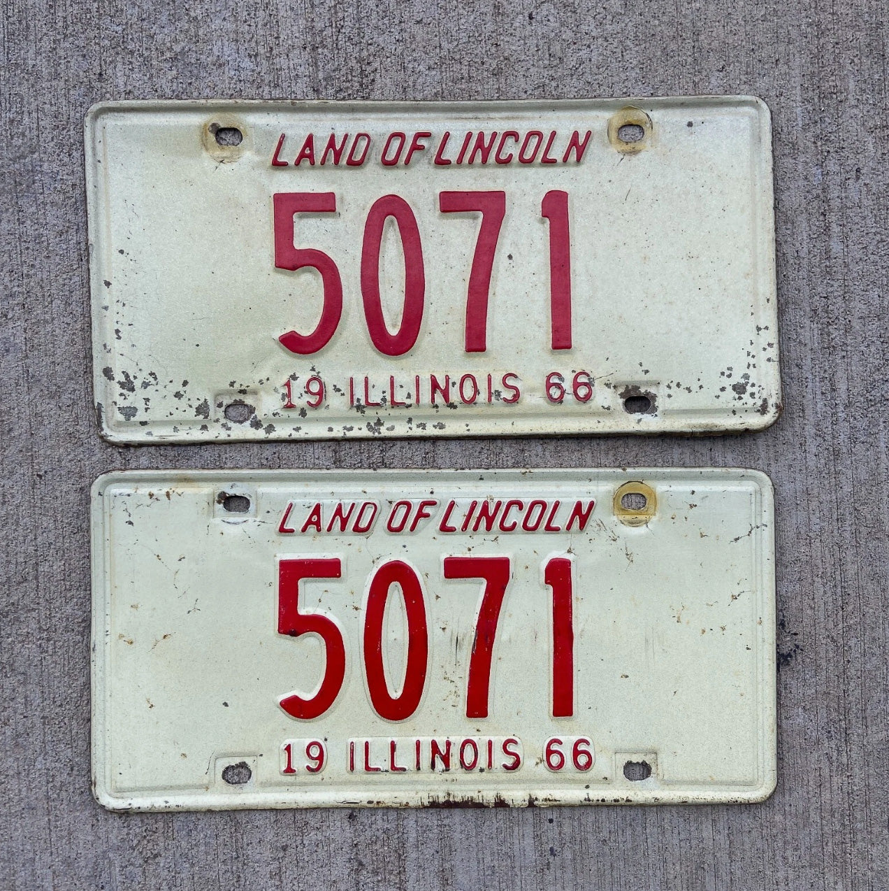 Photo of a 1966 Illinois License Plate Pair Auto Tag Garage Decor Vintage Low Number Four Digit 5071 with original patina