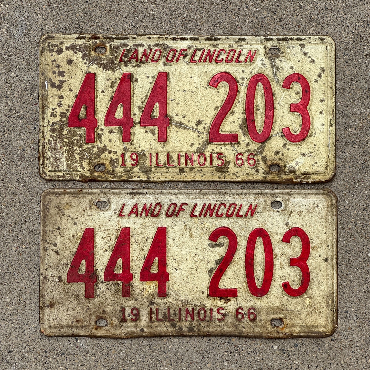 Photo of a 1966 Illinois License Plate Pair Auto Tag Garage Decor Vintage Repeat Repeating 444 203 with original patina