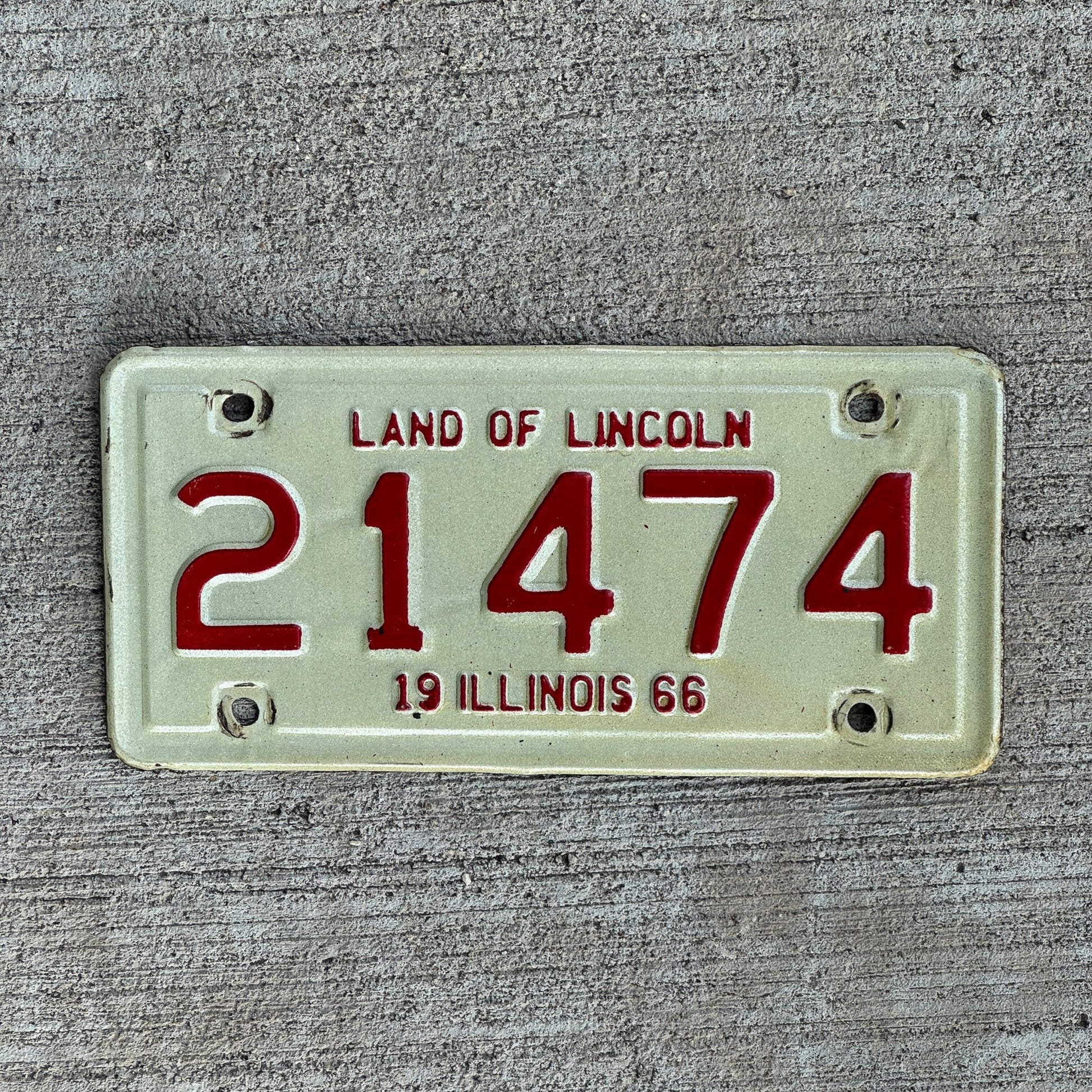 Photo of a 1966 Illinois Motorcycle License Plate Auto Tag Garage Decor Vintage 21474 with original patina