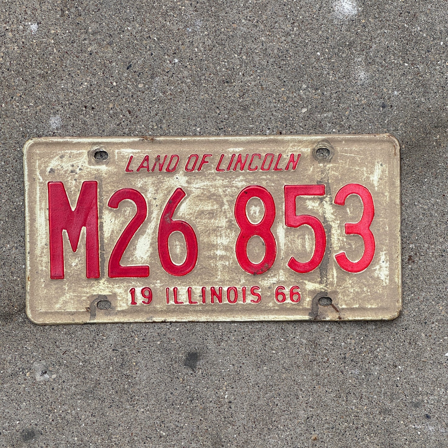Photo of a 1966 Illinois Municipal License Plate Auto Tag 2 Vintage Garage M 26 853 with original patina