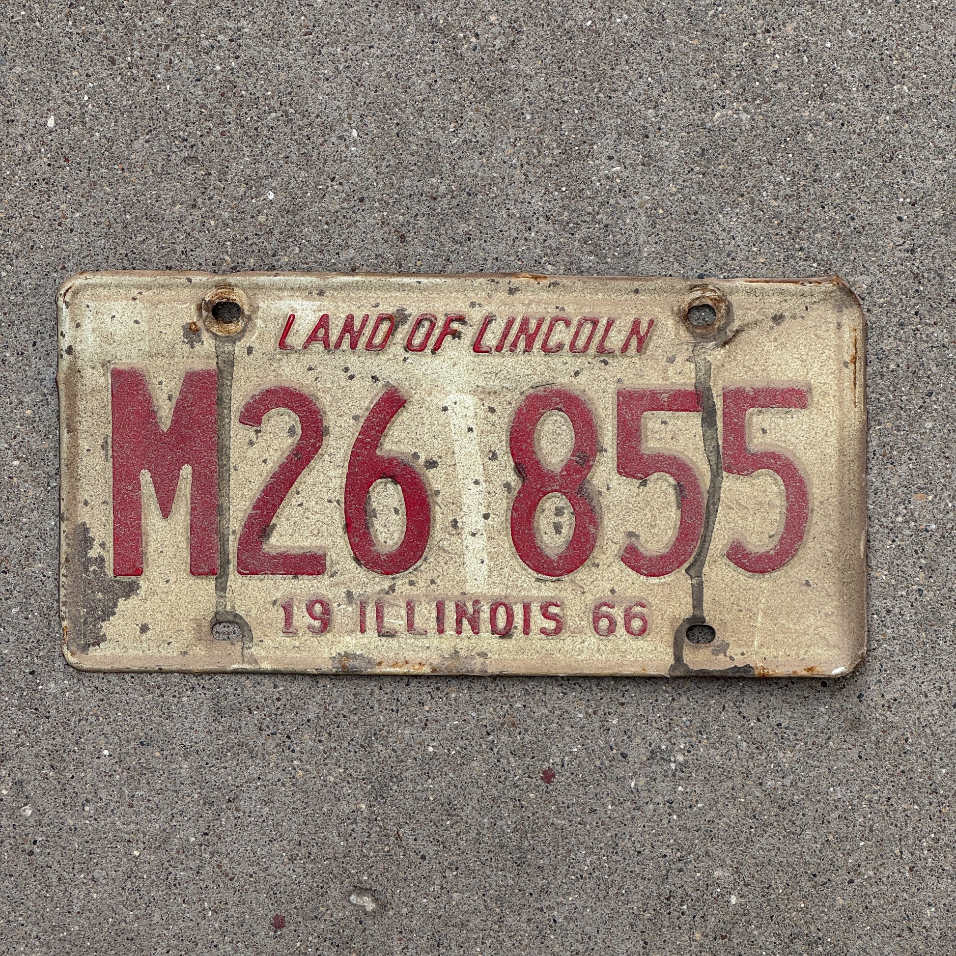 Photo of a 1966 Illinois Municipal License Plate Auto Tag 2 Vintage Garage M 26 855 with original patina