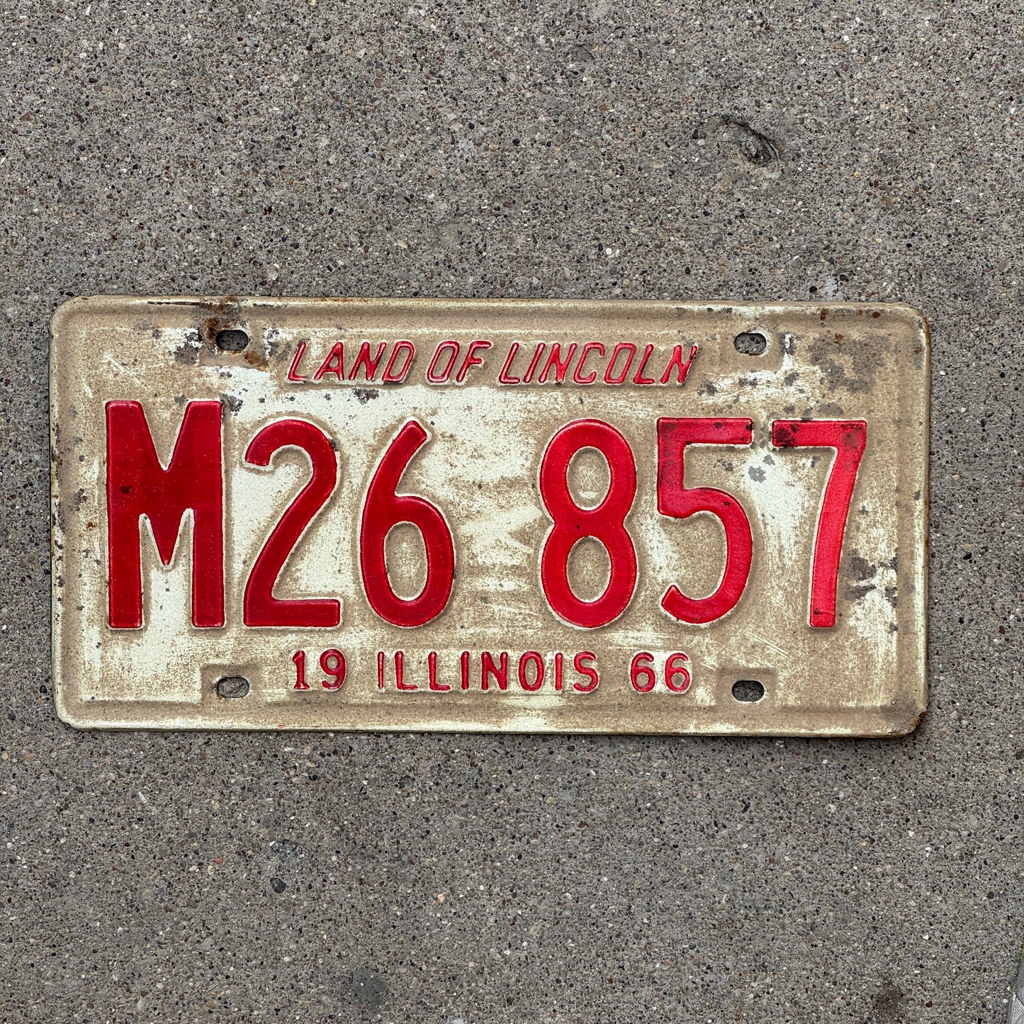 Photo of a 1966 Illinois Municipal License Plate Auto Tag 2 Vintage Garage M 26 857 with original patina