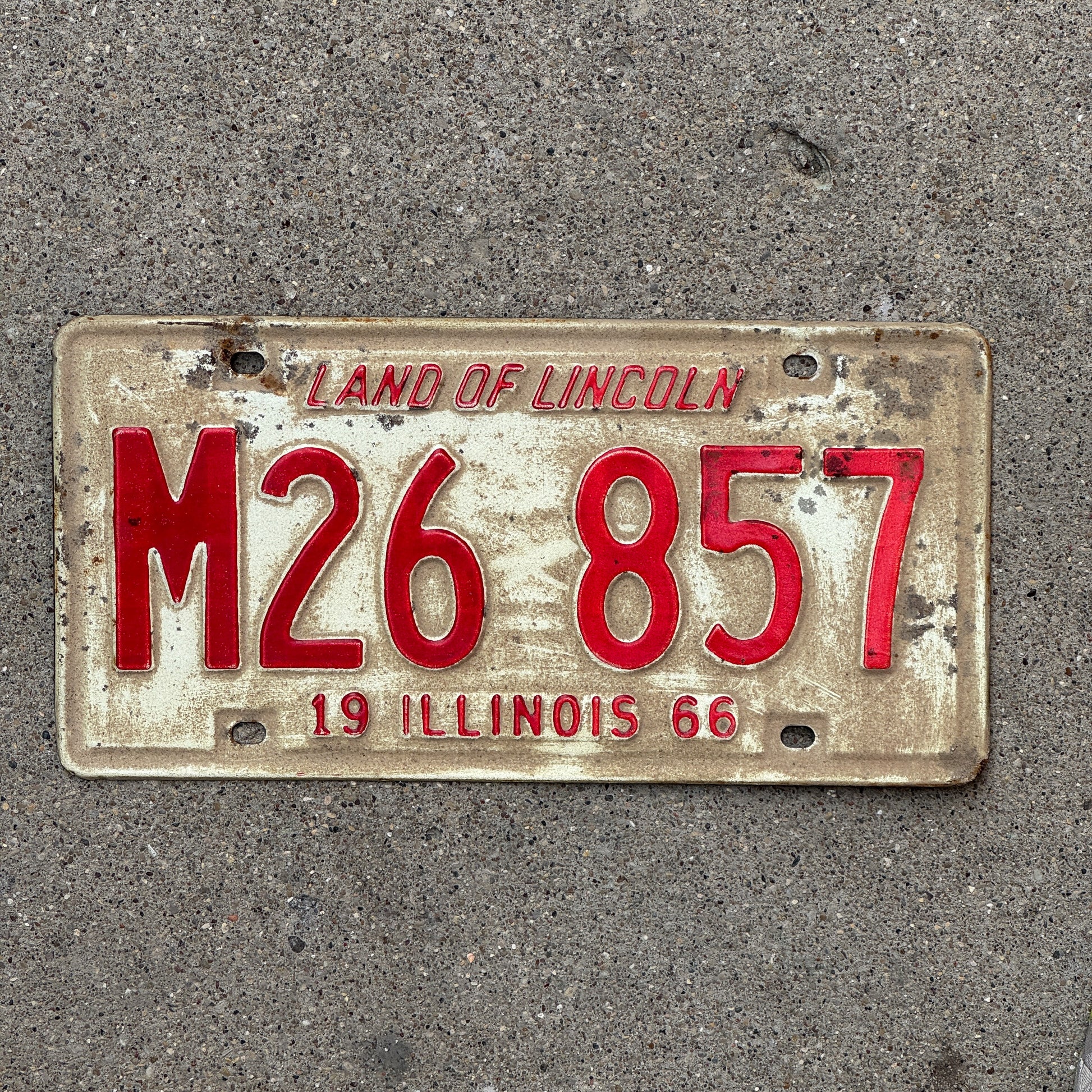 Photo of a 1966 Illinois Municipal License Plate Auto Tag 2 Vintage Garage M 26 857 with original patina