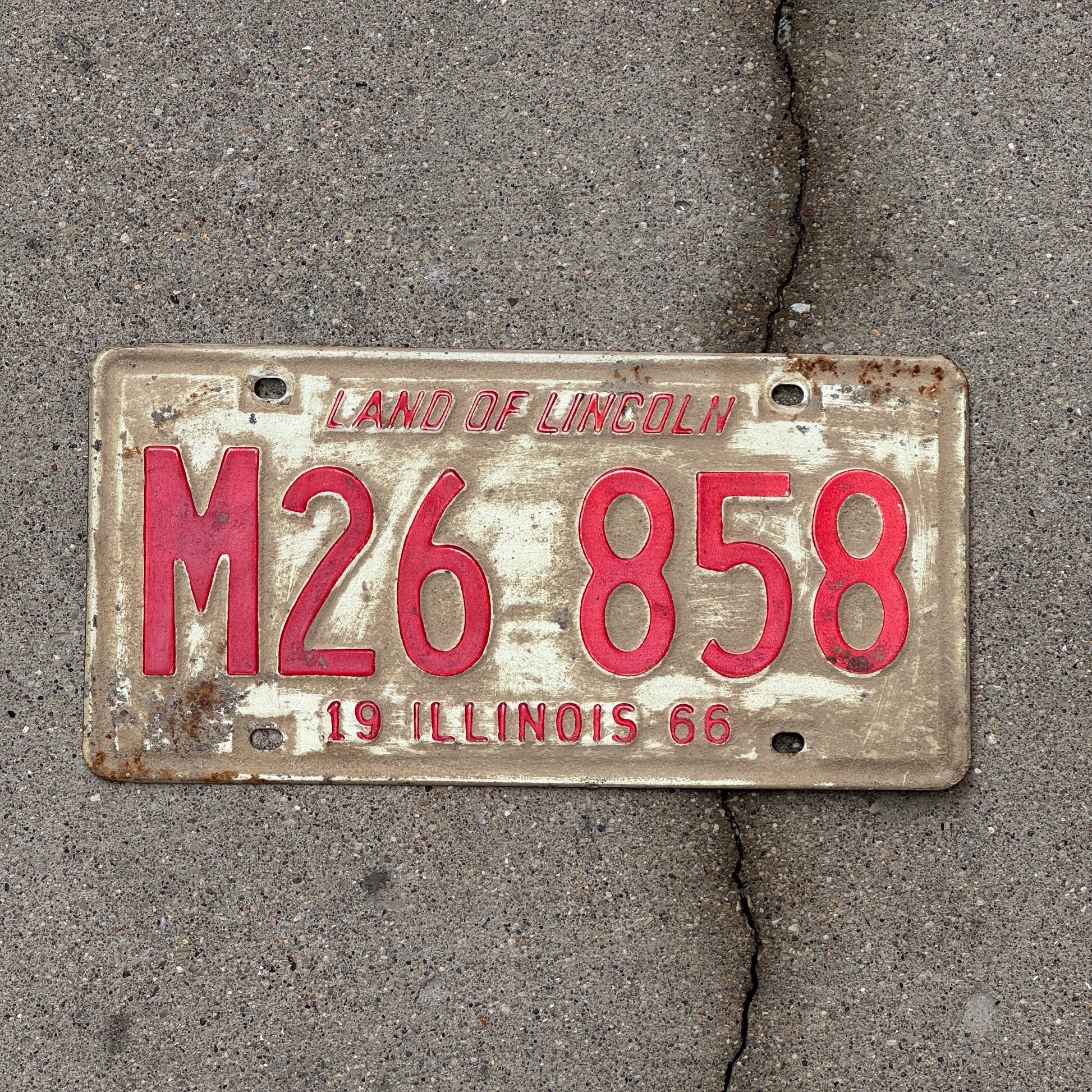 Photo of a 1966 Illinois Municipal License Plate Auto Tag 2 Vintage Garage M 26 858 with original patina