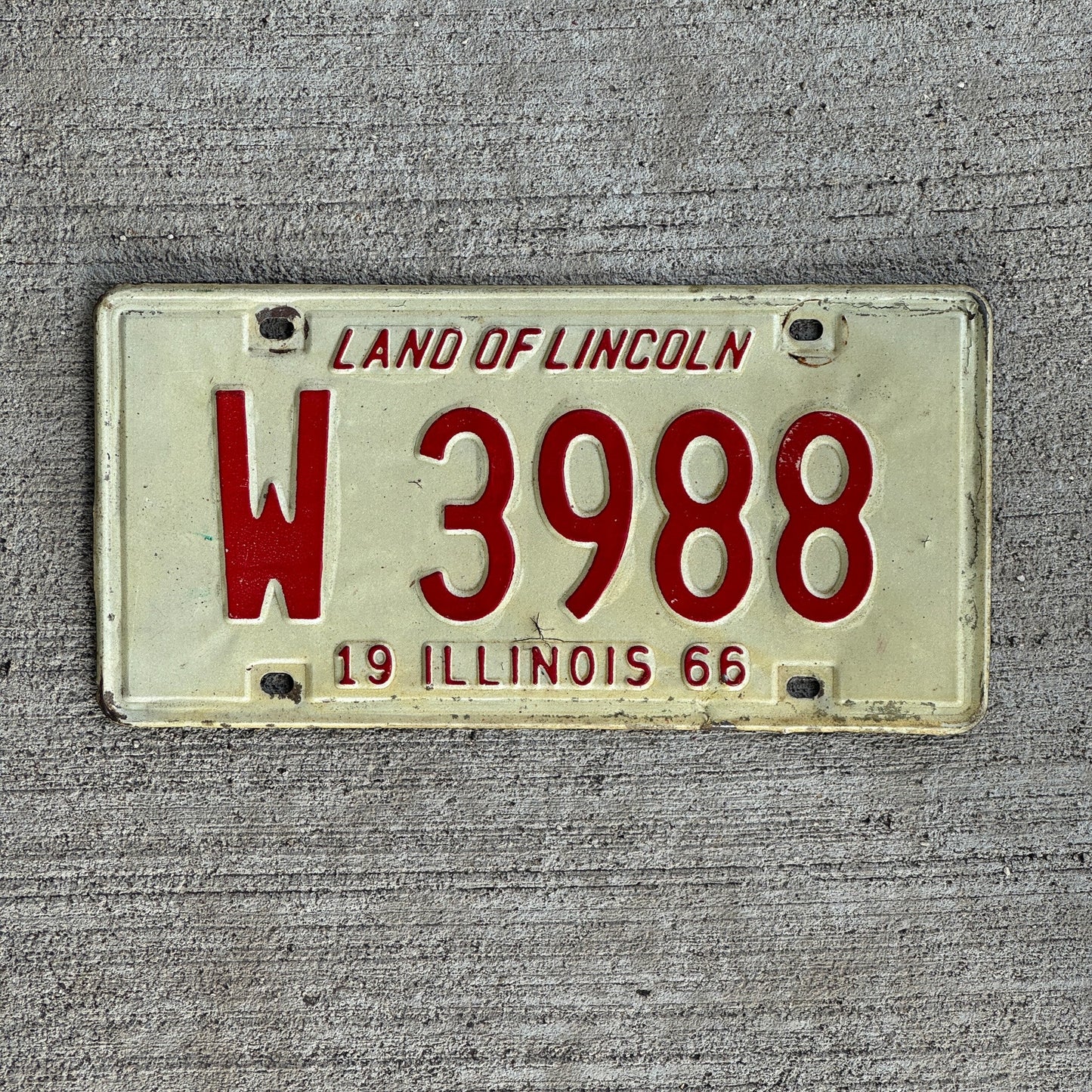 Photo of a 1966 Illinois Trailer License Plate Auto Tag Garage Decor Vintage W 3988 with original patina