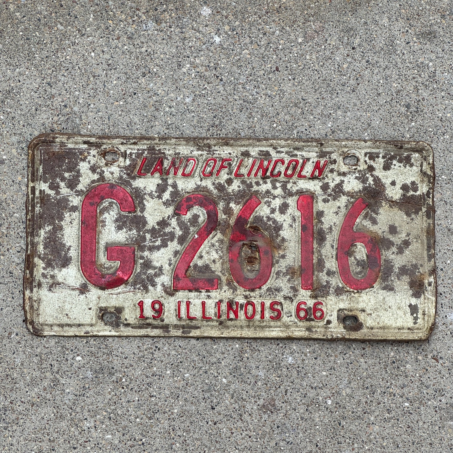 Photo of a 1966 Illinois Truck License Plate Auto Tag 1 Vintage Garage G 2616 with original patina