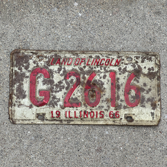 Photo of a 1966 Illinois Truck License Plate Auto Tag 1 Vintage Garage G 2616 with original patina