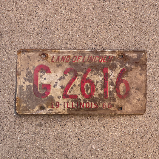 Photo of a 1966 Illinois Truck License Plate Auto Tag 2 Vintage Garage G 2616 with original patina