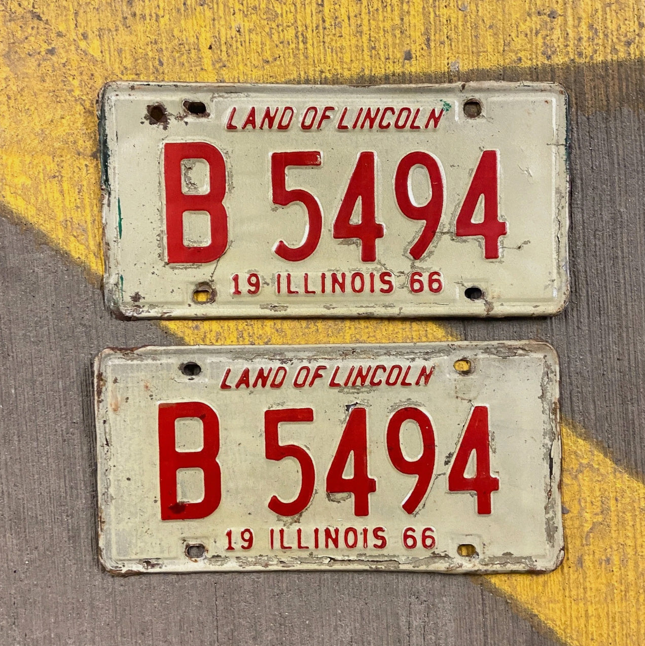 Photo of a 1966 Illinois Truck License Plate Pair Auto Tag Garage Decor Vintage B 5494 with original patina
