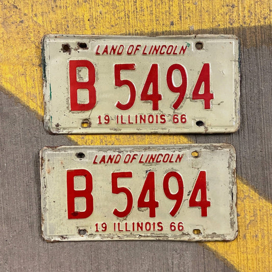 Photo of a 1966 Illinois Truck License Plate Pair Auto Tag Garage Decor Vintage B 5494 with original patina