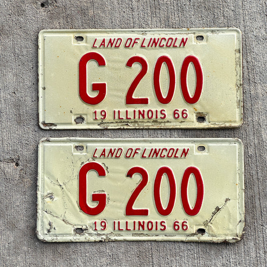 Photo of a 1966 Illinois Truck License Plate Pair Auto Tag Garage Decor Vintage Low Number Three Digit G 200 with original patina