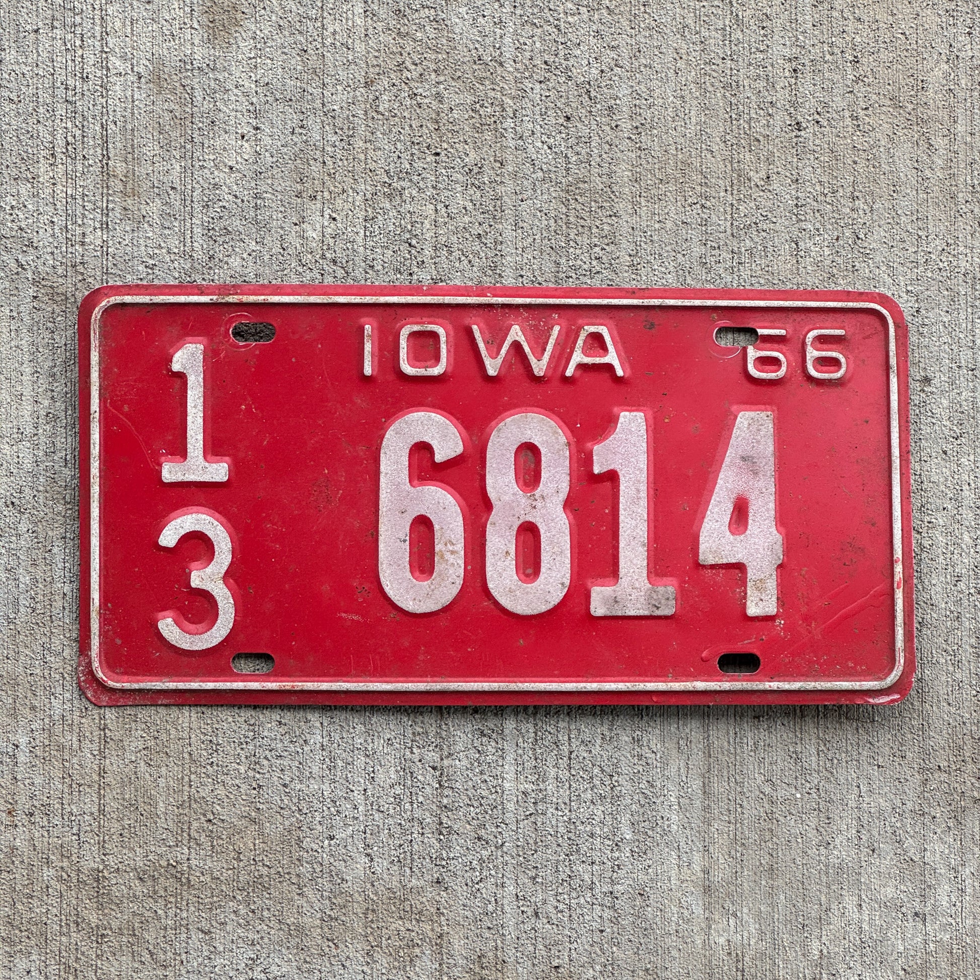 Photo of a 1966 Iowa License Plate Auto Tag Garage Decor Vintage 13 6814 with original patina
