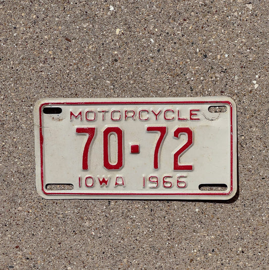 Photo of a 1966 Iowa Motorcycle License Plate Auto Tag Garage Decor Low Number Two Digit Muscatine County 70 72 with original patina