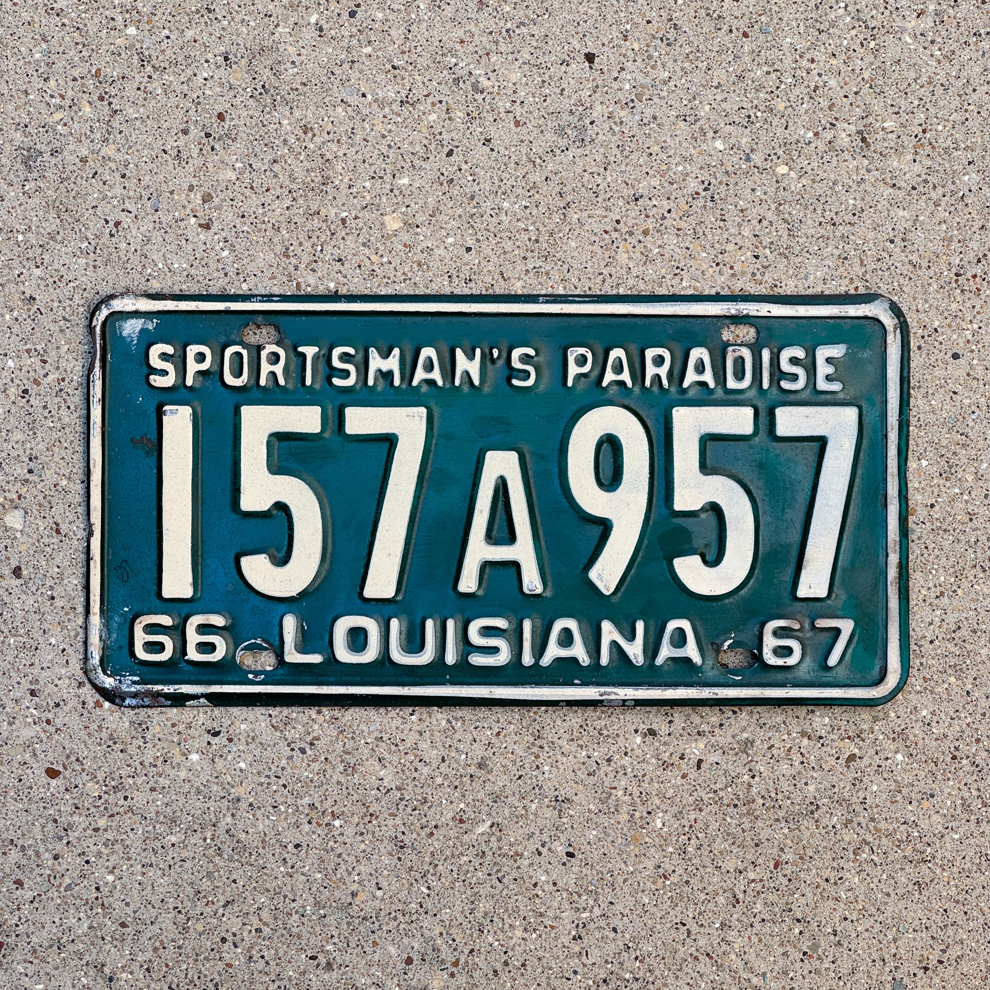 Photo of a 1966 Louisiana License Plate Auto Tag Garage Decor Vintage 157 A 957 with original patina