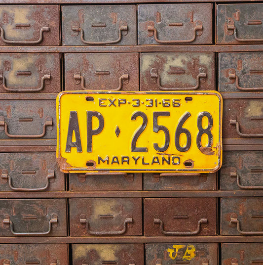 Photo of a 1966 Maryland License Plate Auto Tag Garage Decor Vintage AP 2568 with original patina