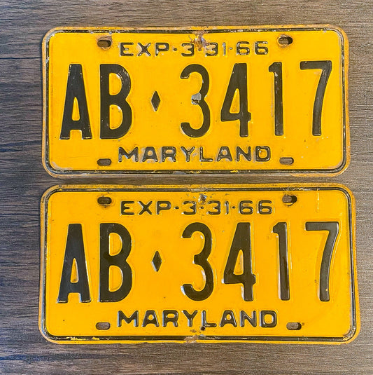 Photo of a 1966 Maryland License Plate Pair Auto Tag Garage Decor Vintage High Quality Bad Paint Year AB 3417 with original patina
