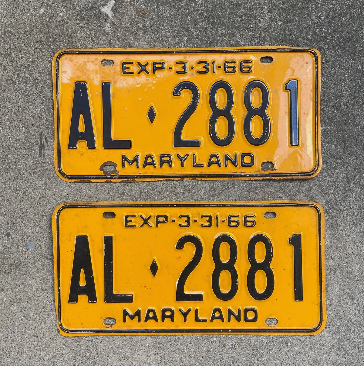 1966 Maryland License Plate Pair Auto Tag High Quality Bad Paint Year AL 2881