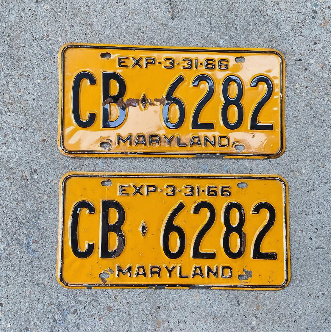 1966 Maryland License Plate Pair Auto Tag Nice Quality Bad Paint Year CB 6282