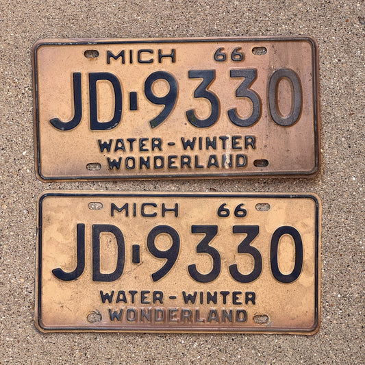 Photo of a 1966 Michigan License Plate Pair Auto Tag Garage Decor Vintage JD 9330