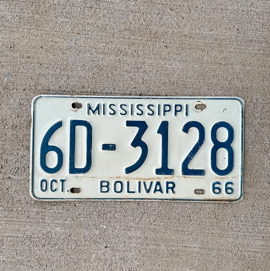 Photo of a 1966 Mississippi License Plate Auto Tag Garage Decor Vintage 6D 3128 with original patina