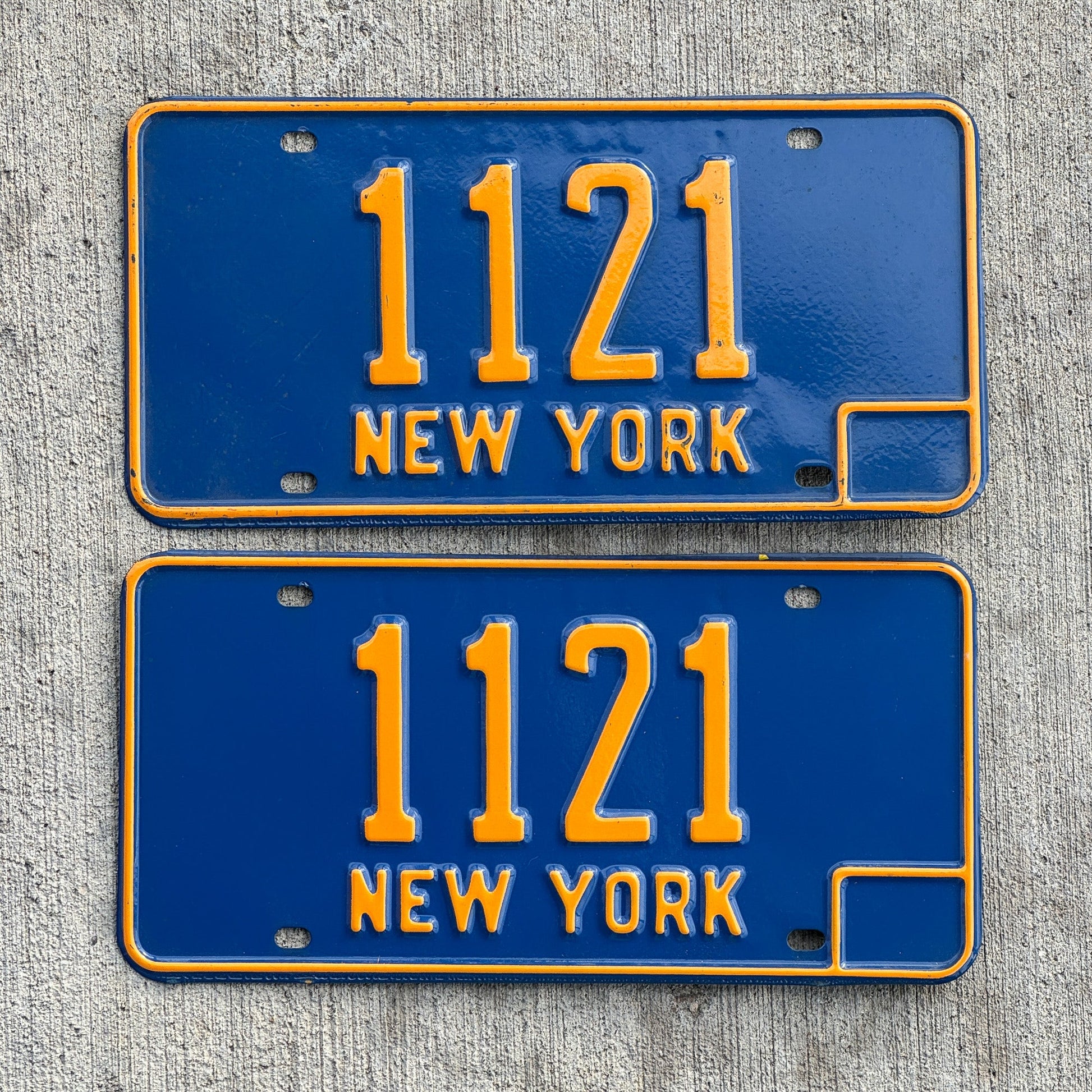 Photo of a 1966 New York License Plate Pair Auto Tag Garage Decor Vintage Low Number Four Digit 1121 with original patina