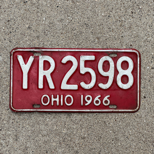 Photo of a 1966 Ohio License Plate Auto Tag 2 Vintage Garage YR 2598 with original patina