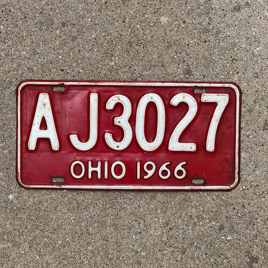 Photo of a 1966 Ohio License Plate Auto Tag Garage Decor Vintage AJ 3027 with original patina