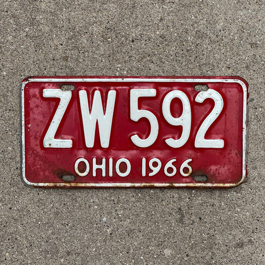 Photo of a 1966 Ohio License Plate Auto Tag Garage Decor Vintage ZW 592 with original patina