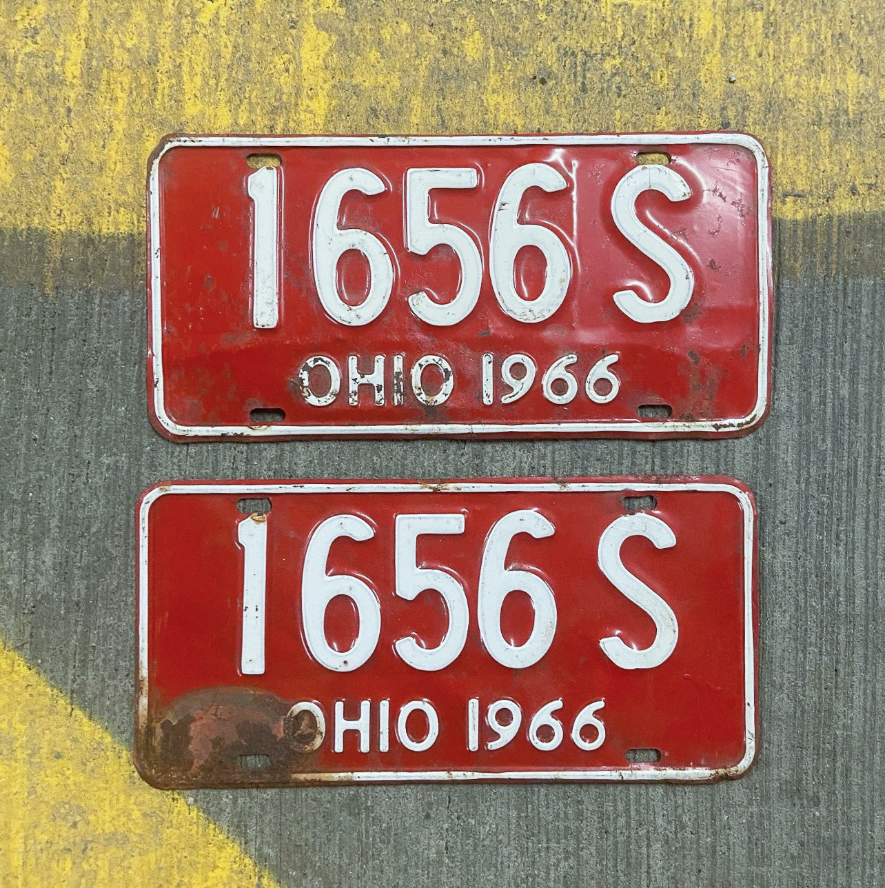 Photo of a 1966 Ohio License Plate Pair Auto Tag Garage Decor Vintage 1656 S with original patina