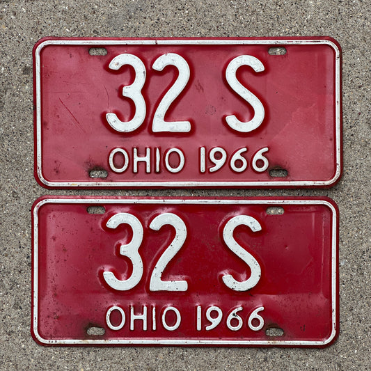 Photo of a 1966 Ohio License Plate Pair Auto Tag Garage Decor Vintage 32 S with original patina