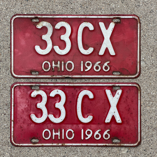 Photo of a 1966 Ohio License Plate Pair Auto Tag Garage Decor Vintage 33 CX with original patina
