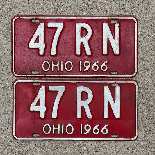 Photo of a 1966 Ohio License Plate Pair Auto Tag Garage Decor Vintage Nurse Gift 47 RN with original patina