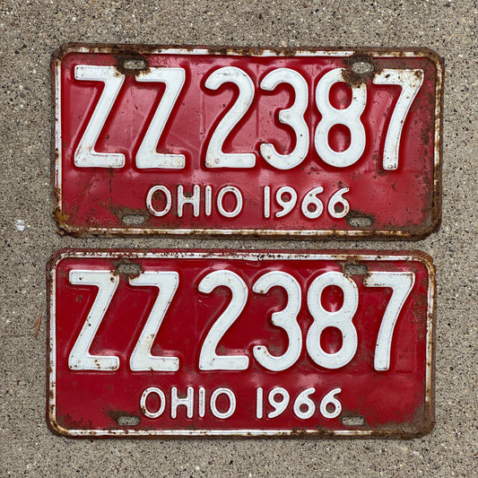 Photo of a 1966 Ohio License Plate Pair Auto Tag Garage Decor Vintage ZZ 2387 with original patina