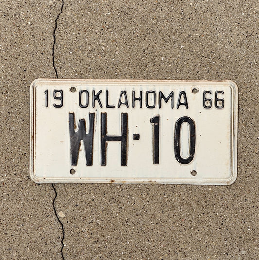 Photo of a 1966 Oklahoma License Plate Auto Tag Garage Decor Vintage Nice Number WH 10 with original patina
