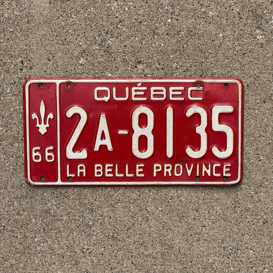 Photo of a 1966 Quebec License Plate Auto Tag Garage Decor Vintage 2A 8135 with original patina