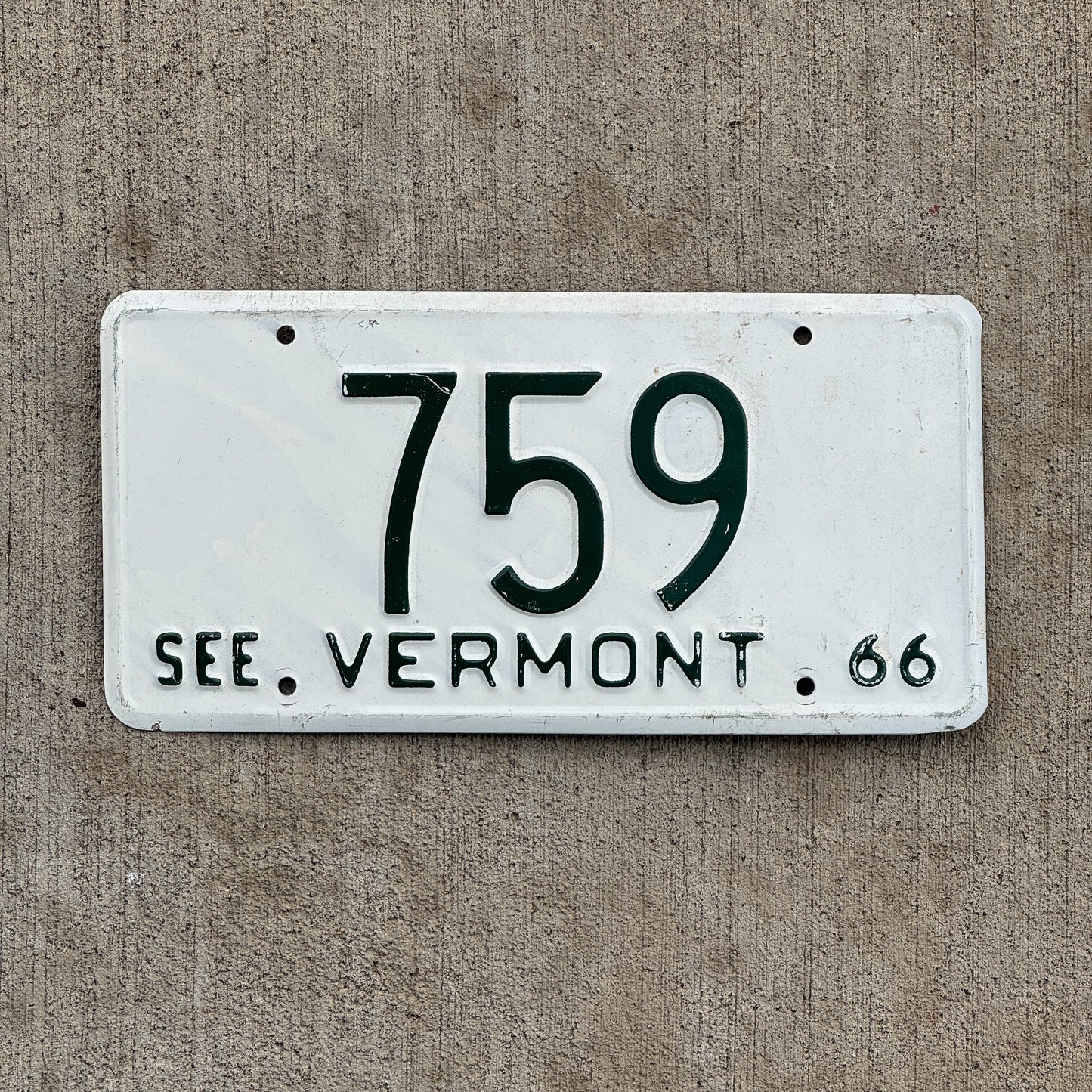 Photo of a 1966 Vermont License Plate Auto Tag Garage Decor Vintage Low Number Three Digit 759 with original patina