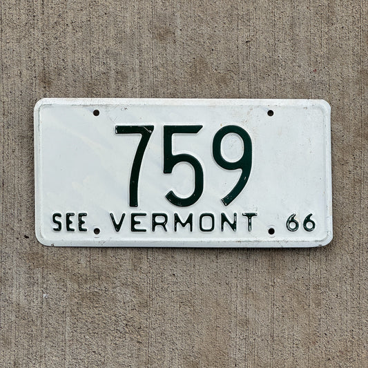 Photo of a 1966 Vermont License Plate Auto Tag Garage Decor Vintage Low Number Three Digit 759 with original patina