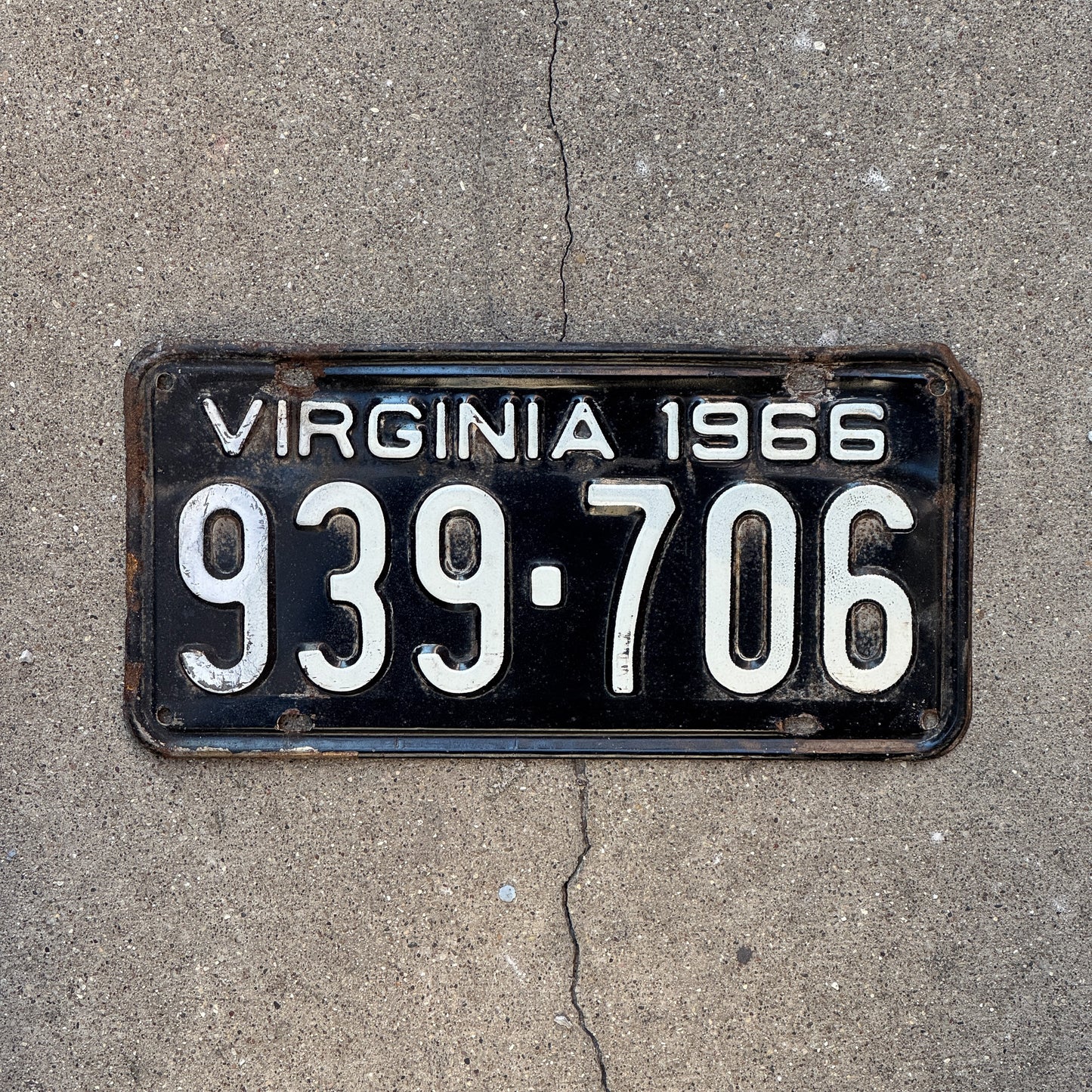 Photo of a 1966 Virginia License Plate Auto Tag Garage Decor Vintage 939 706 with original patina