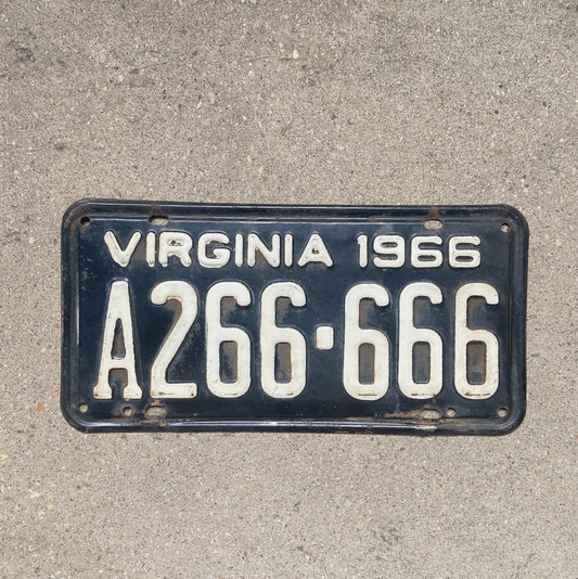 Photo of a 1966 Virginia License Plate Auto Tag Garage Decor Vintage Devil Evil Repeat Repeating A 266 666 with original patina