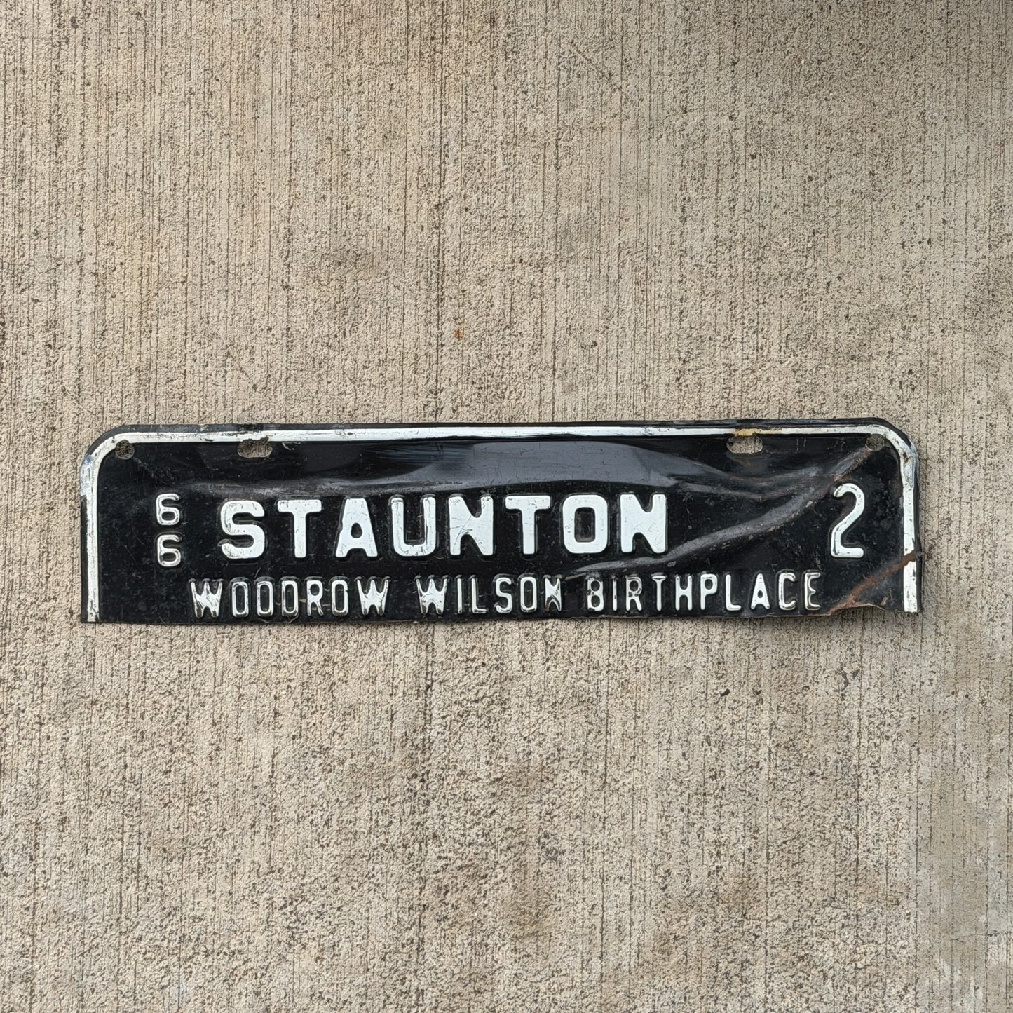 Photo of a 1966 Virginia Tax Strip License Plate Auto Tag Garage Decor Vintage Staunton Woodrow Wilson Birthplace President Low Number 2 with original patina