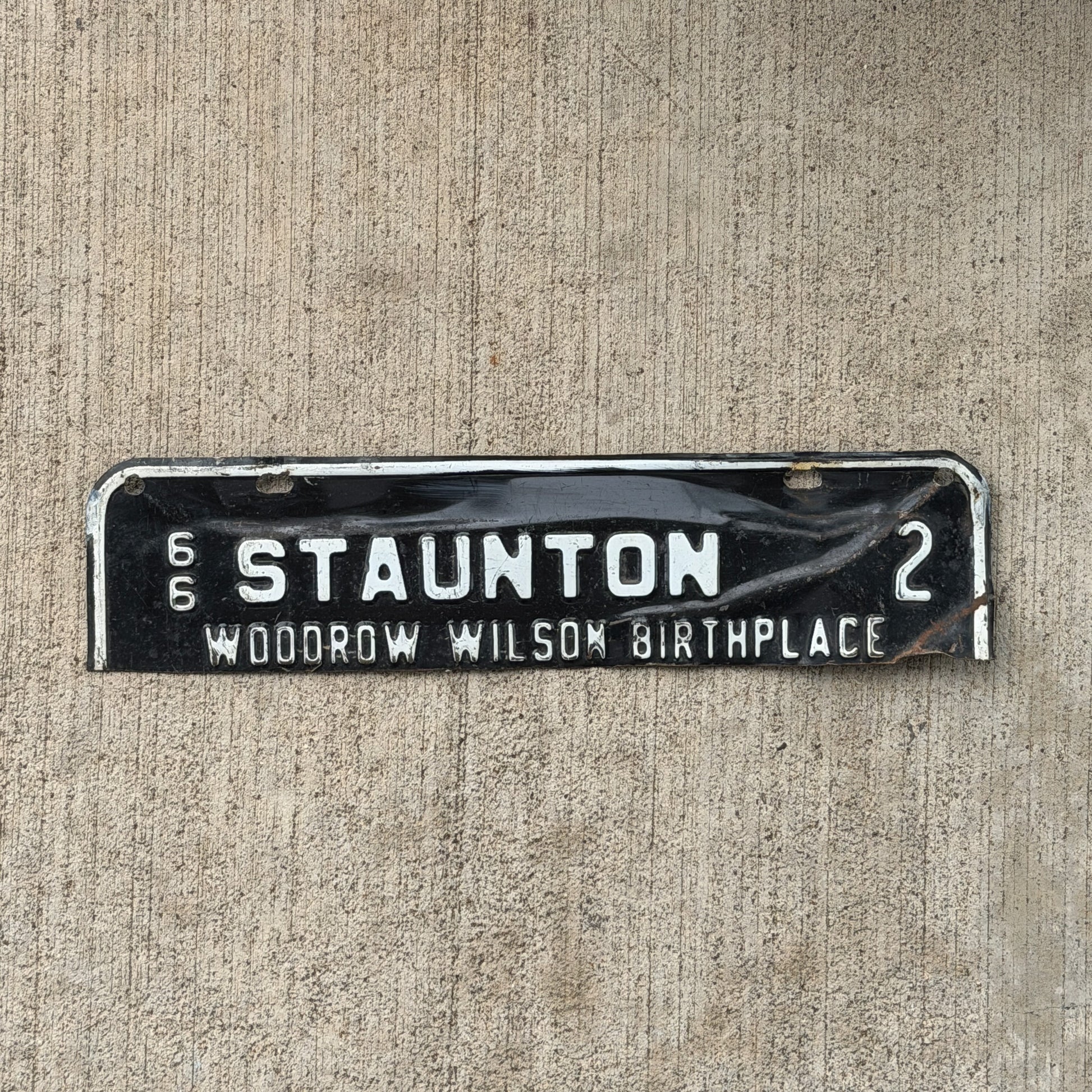 Photo of a 1966 Virginia Tax Strip License Plate Auto Tag Garage Decor Vintage Staunton Woodrow Wilson Birthplace President Low Number 2 with original patina