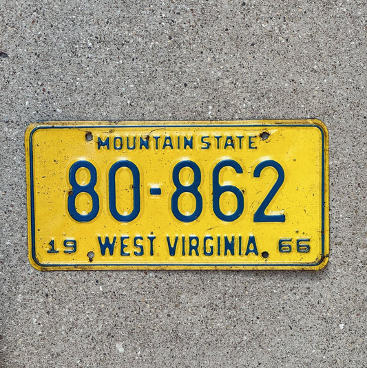 Photo of a 1966 West Virginia License Plate Auto Tag Garage Decor Vintage 80 862 with original patina