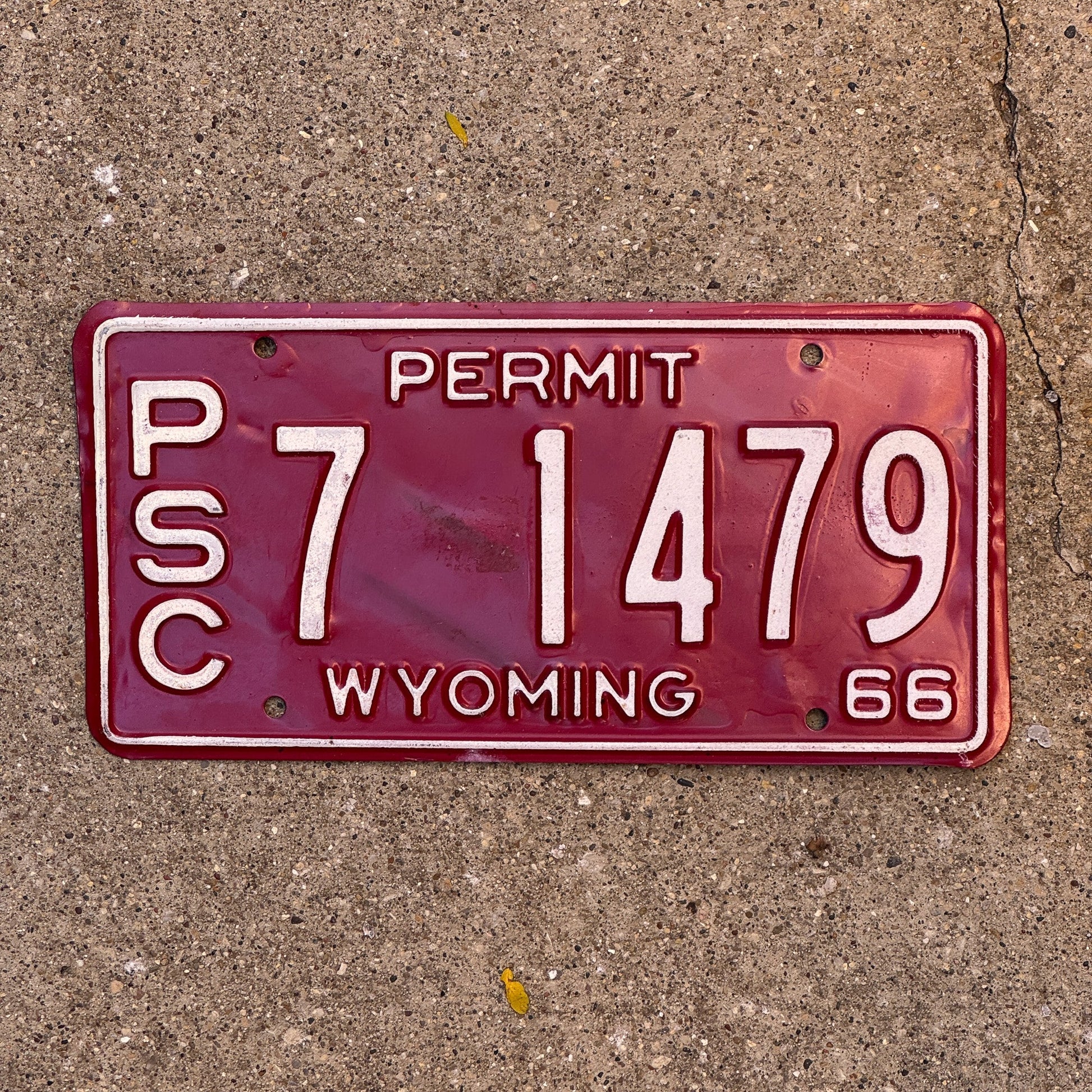 Photo of a 1966 Wyoming PSC Permit License Plate Auto Tag Garage Decor Vintage Public Service Commission 7 1479 with original patina